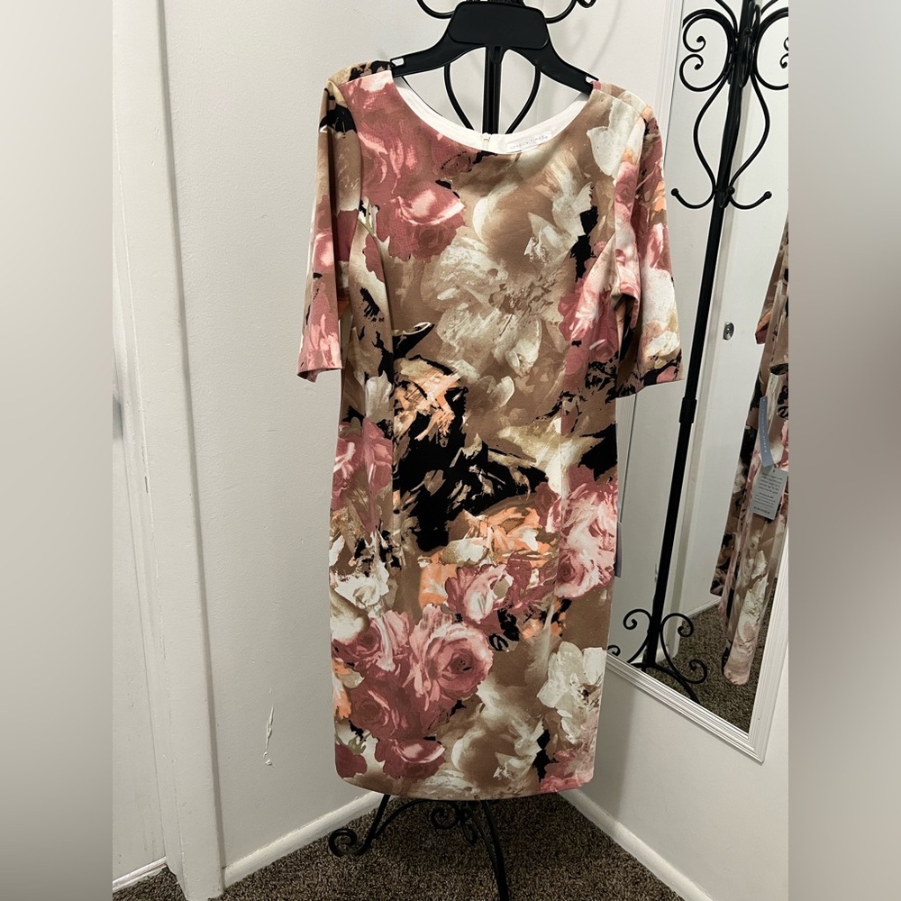 London Times NEW Pink and Tan Sheath Midi Dress